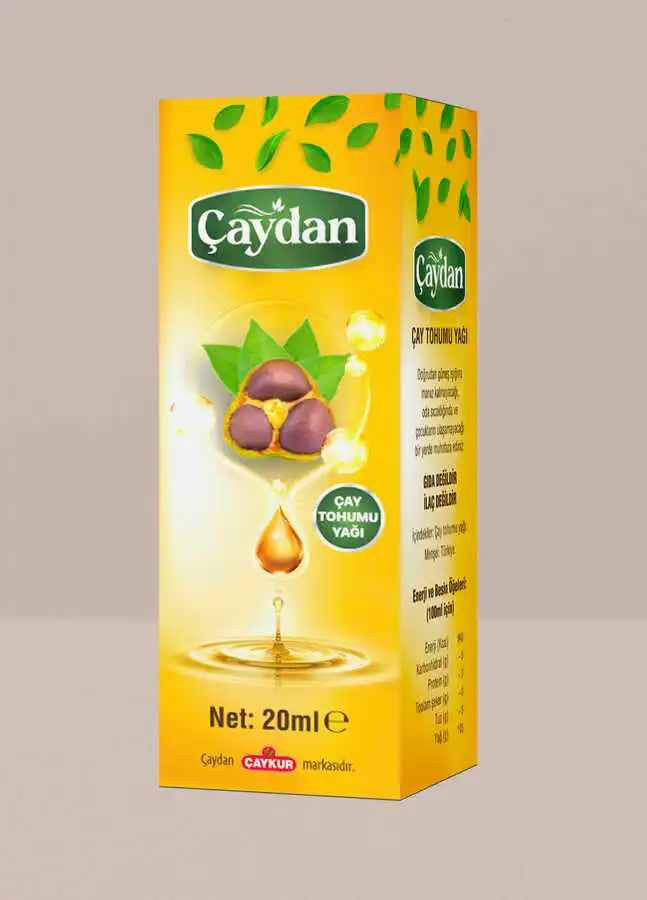 Tea-Seed-Oil-20 ml–Çaykur Çaydan Çaykur tea seed oil 20ml yellow box with tea seeds and oil drop illustration