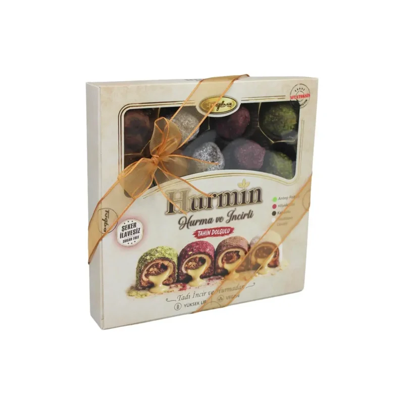 Tuğba Hurmin date and fig tahini-filled sweets gift box 430g with gold ribbon, sugar-free
