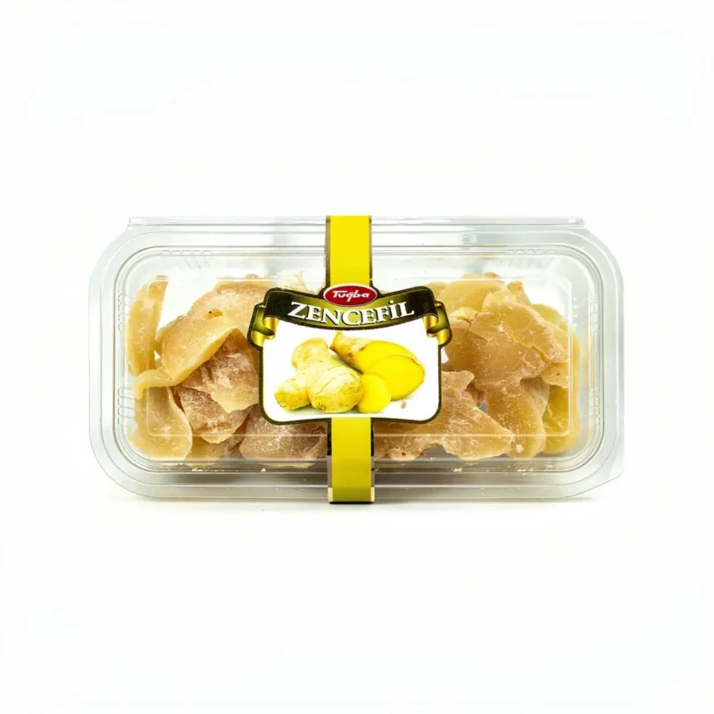 Dried Ginger 200g - Tuğba Kuruyemiş Tuğba Zencefil dried ginger slices in clear plastic tray with yellow label, 200g