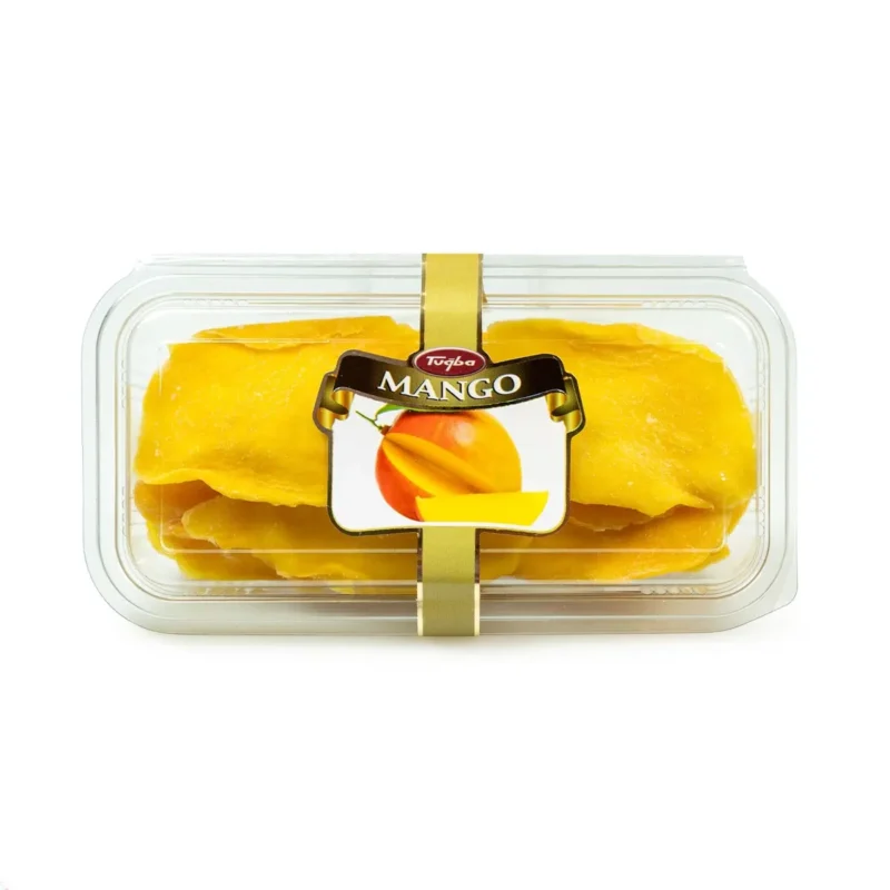 Dried Mango 190g - Tuğba Kuruyemiş Tuğba Kuruyemiş dried mango slices in clear plastic tray with gold label, 190g