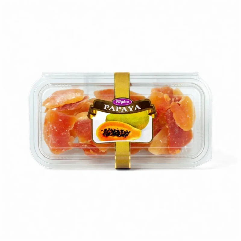 Dried Papaya 200g - Tuğba Kuruyemiş Tuğba dried papaya pieces in clear plastic tray with gold label, 200g
