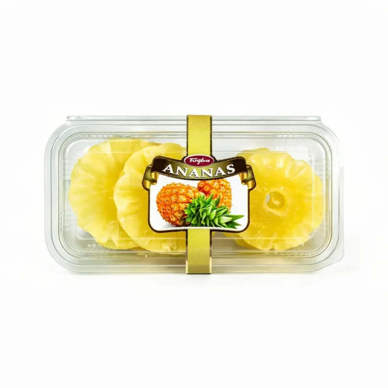 Dried Pineapple 230 GR - Tuğba Kuruyemiş Tuğba Kuruyemiş dried pineapple rings in clear tray packaging 230g