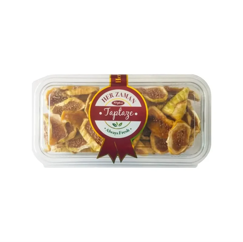 Fig Chips 200g - Tuğba Kuruyemiş Tuğba Kuruyemiş dried fig chips 200g in clear plastic container with Her Zaman Taptaze label