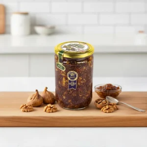 Tuğba Kuruyemiş fig jam with walnuts 750g glass jar on wooden board with dried figs and walnuts