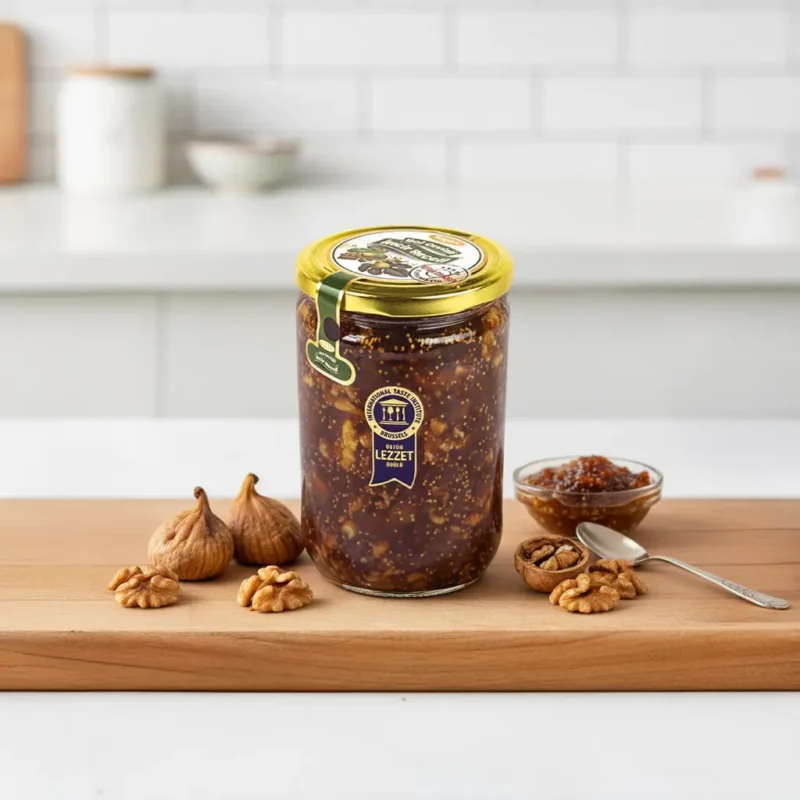 Tuğba Kuruyemiş fig jam with walnuts 750g glass jar on wooden board with dried figs and walnuts