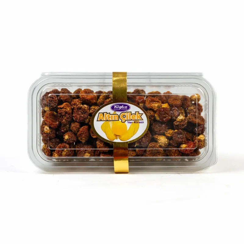Tuğba Kuruyemiş Altın Çilek dried golden berry yer kirazı in clear plastic tray with gold ribbon