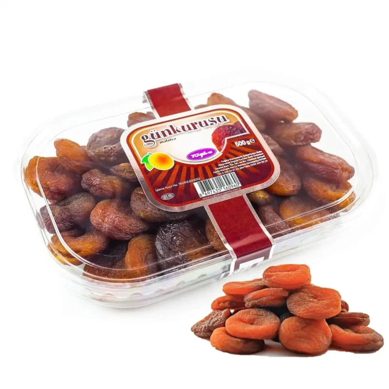 Jumbo Dried Apricots 500g - Tuğba Kuruyemiş Tuğba Kuruyemiş Günkurusu Malatya jumbo dried apricots 500g in clear plastic tray