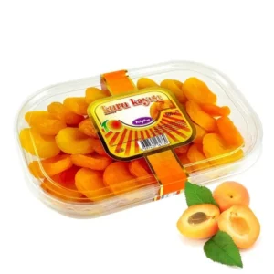Tuğba Kuruyemiş kuru kayısı jumbo dried apricots 500g in clear plastic tray with fresh apricots beside