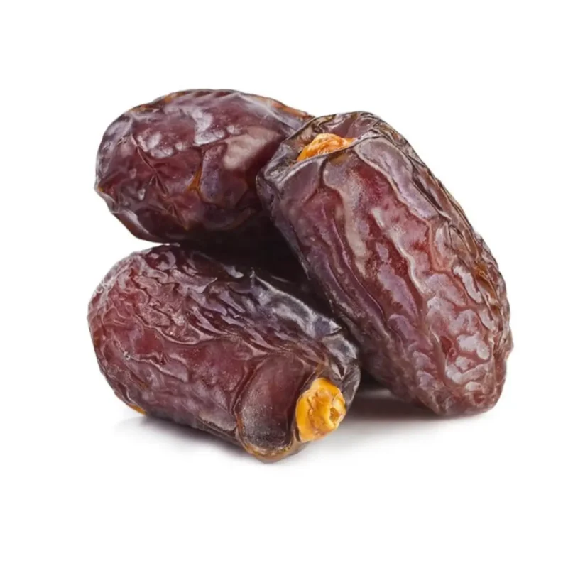 Jumbo Jerusalem dates by Tuğba Kuruyemiş, three large glossy dark dried dates on white background