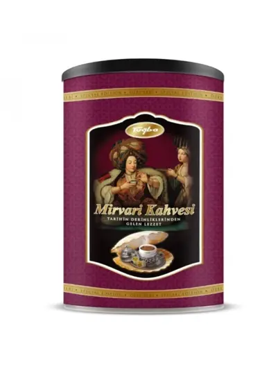 Mirvari Coffee Metal Tin 300g - Tuğba Kuruyemiş Tuğba Mirvari Kahvesi Turkish coffee in a 300g burgundy decorative metal tin