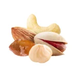 Tuğba Kuruyemiş mixed nuts with almond, cashew, pistachio, hazelnut, and dried apricot on white background