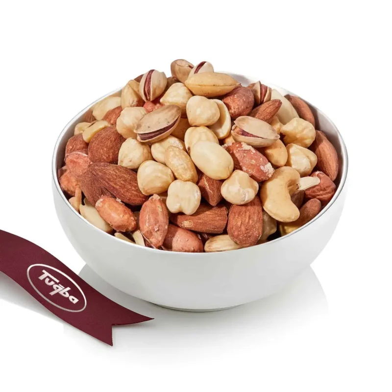 Tuğba Kuruyemiş mixed nuts with almonds in a white bowl, 500g
