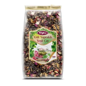 Tuğba rose petal green tea loose leaf blend in clear packaging with dried rose petals
