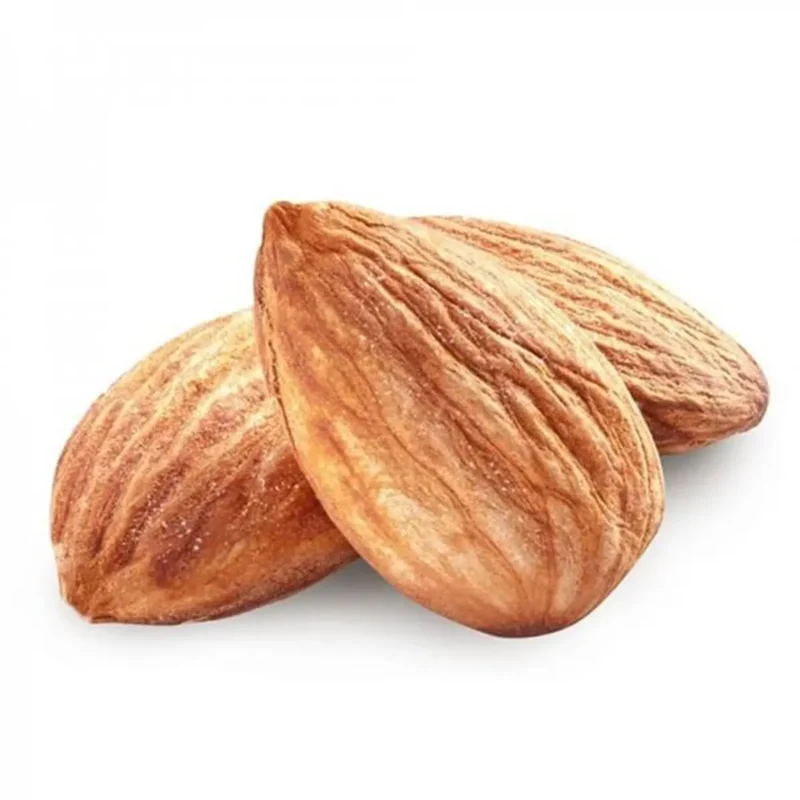 Tuğba Kuruyemiş salted almonds 500g – three whole roasted almonds on white background