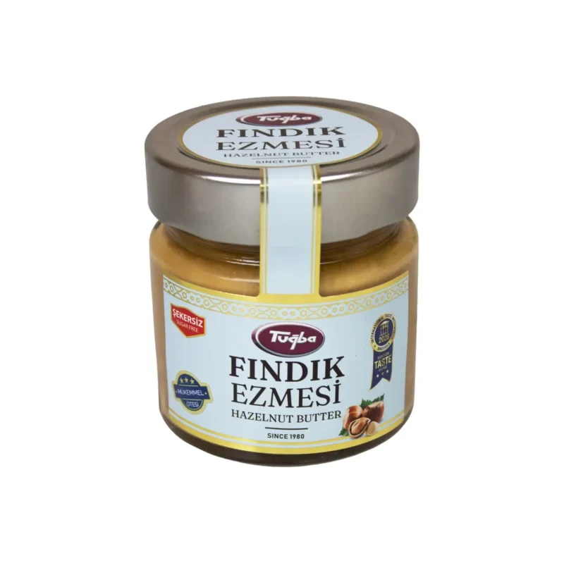 Sugar-Free Hazelnut Paste 250g - Tuğba Kuruyemiş Tuğba Fındık Ezmesi sugar-free hazelnut butter in a glass jar with gold lid, 250g