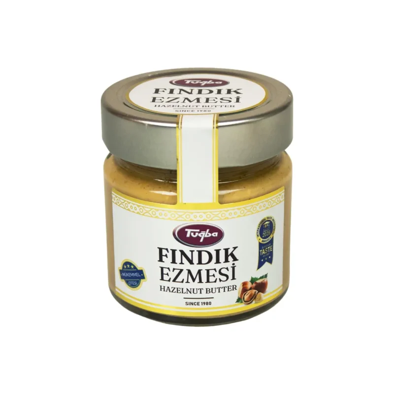 Sugared Hazelnut Paste - Tuğba Kuruyemiş Tuğba Fındık Ezmesi hazelnut butter jar with gold lid and award badge label