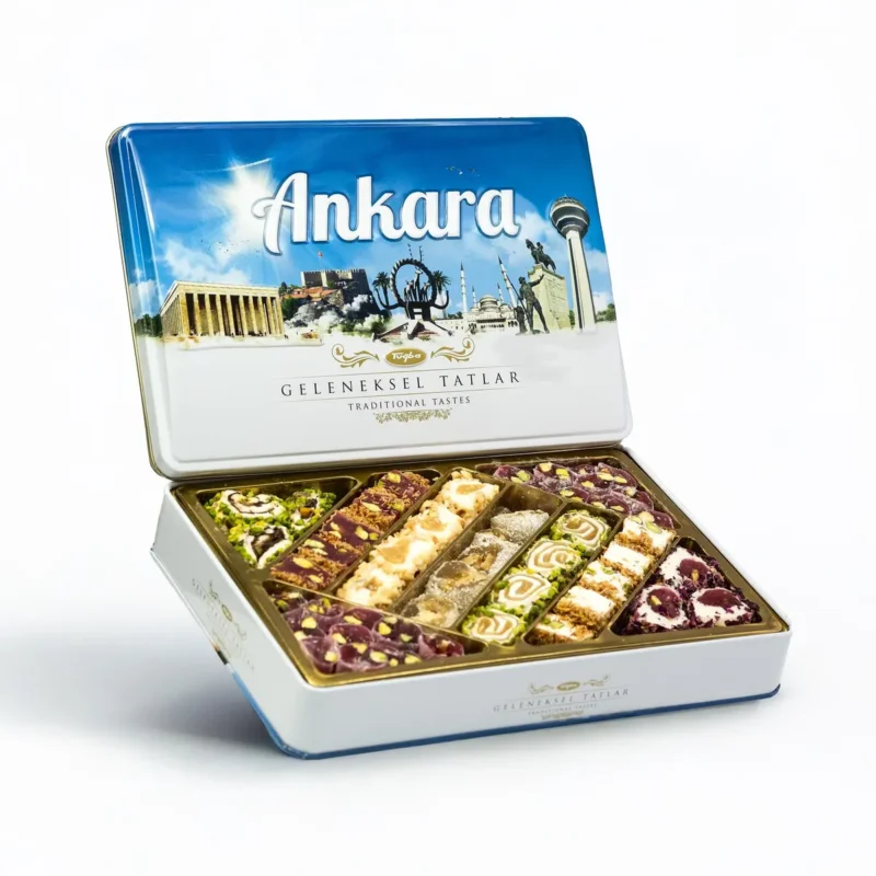 Traditional Flavors Metal Box 540g - Tuğba Kuruyemiş Tuğba Ankara traditional Turkish delight assortment in open metal tin box 540g with multiple flavors