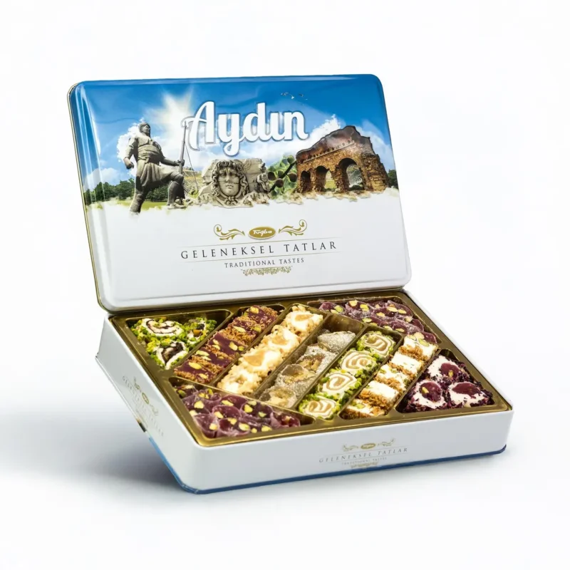 Traditional Flavors Metal Box 540g - Tuğba Kuruyemiş Tuğba Kuruyemiş Aydın traditional Turkish delight assortment in open decorative metal tin box 540g