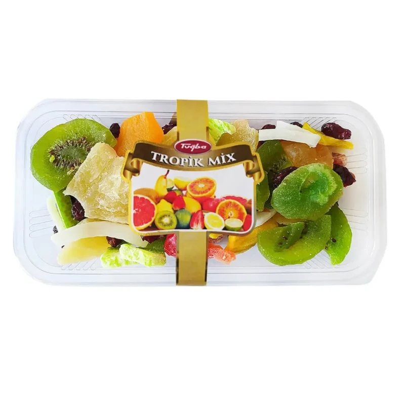 Tuğba Tropik Mix dried tropical fruit mix 230g in clear plastic tray with gold label