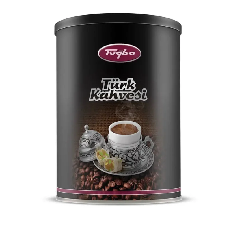 Turkish Coffee Metal Tin 250g - Tuğba Kuruyemiş Tuğba Türk Kahvesi Turkish coffee in black metal tin 250g with coffee cup illustration