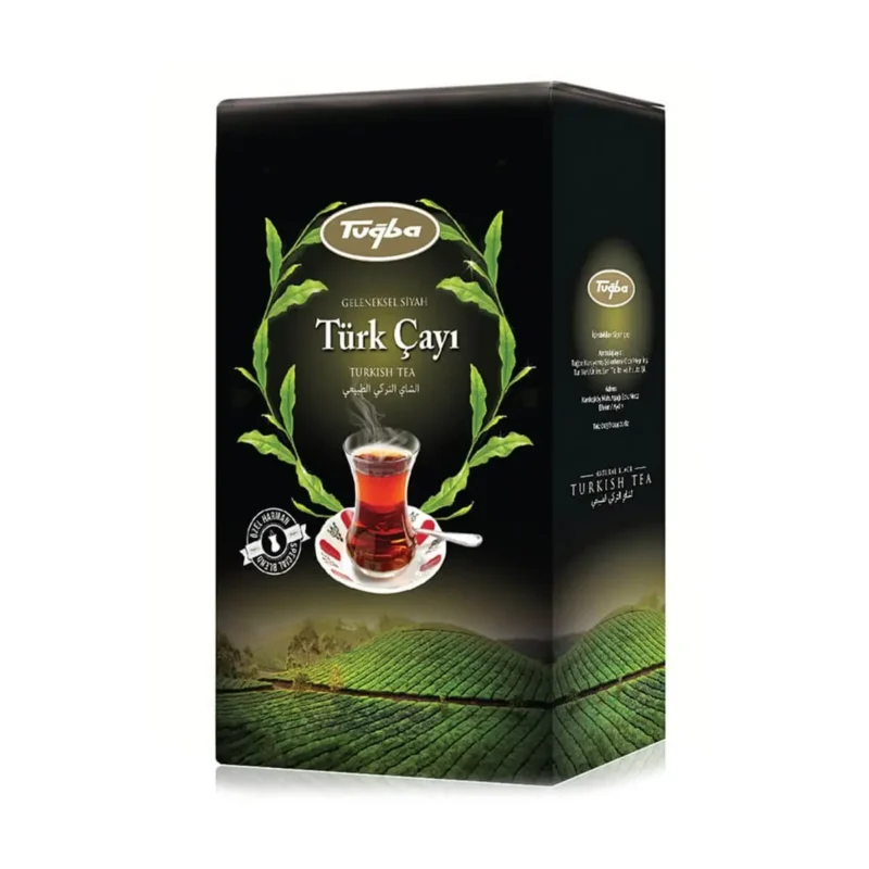 Turkish Tea 500g - Tuğba Kuruyemiş Tuğba Türk Çayı Turkish black tea 500g box with traditional tulip glass on packaging