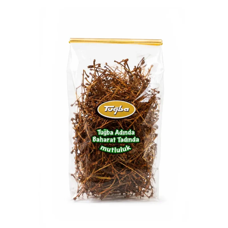 Cherry Stems 30g - Tuğba Kuruyemiş Tuğba brand dried cherry stems 30g in clear bag with gold seal