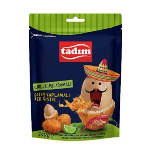 Tadım chili lime coated peanuts in a 140 g navy and green snack pouch