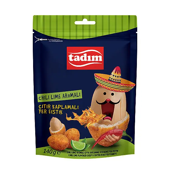 Chili Lime Coated Peanuts - Tadım Tadım chili lime coated peanuts in a 140 g navy and green snack pouch
