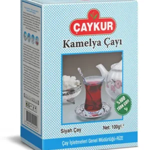 Çaykur Kamelya black tea 100 g box with a glass of Turkish tea on the package