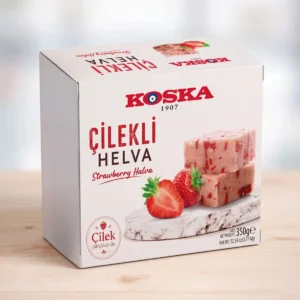Koska Çilekli Helva strawberry halva 350g box with halva pieces and fresh strawberries