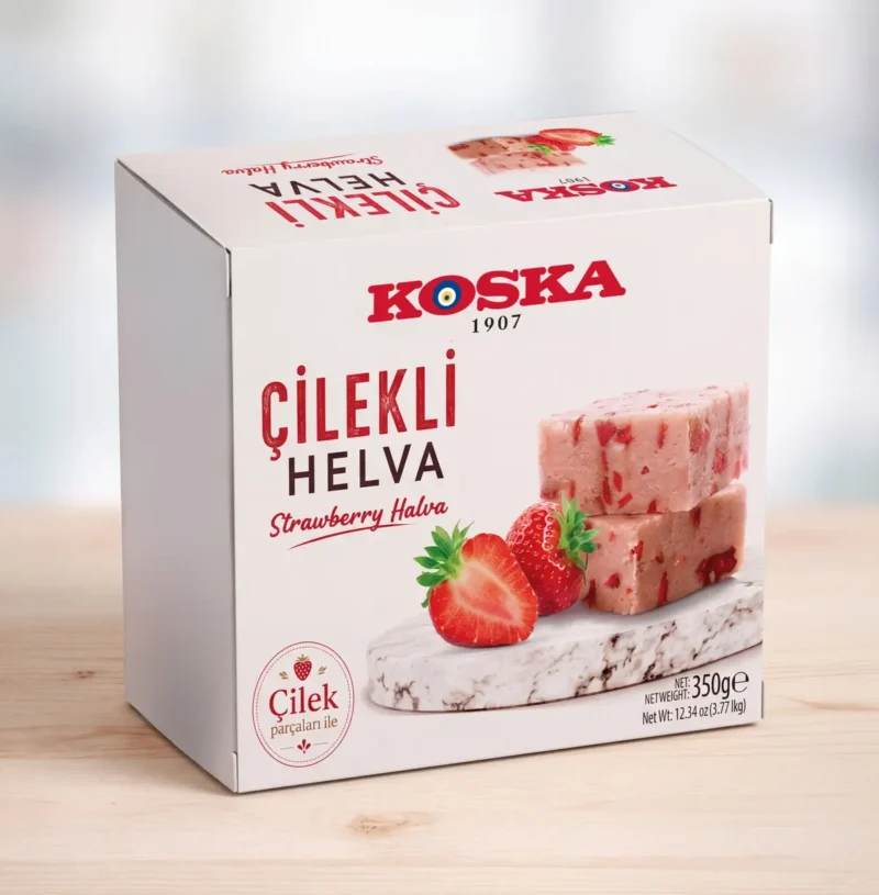 Strawberry Halva 350g - Koska Koska Çilekli Helva strawberry halva 350g box with halva pieces and fresh strawberries